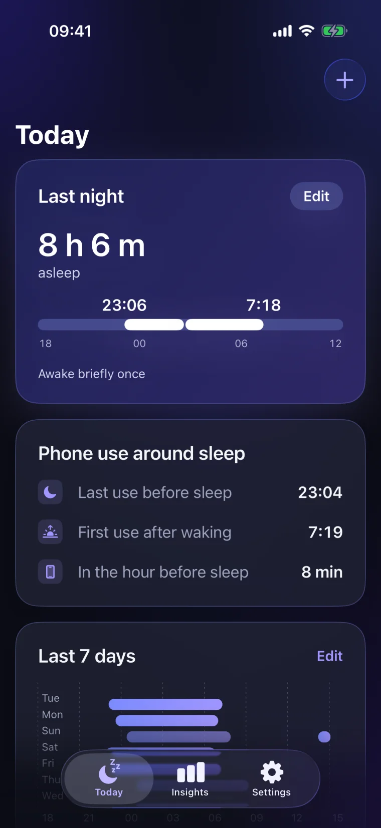 The Today screen: 8 h 6 m asleep last night, from 23:06 to 7:18, awake briefly once.